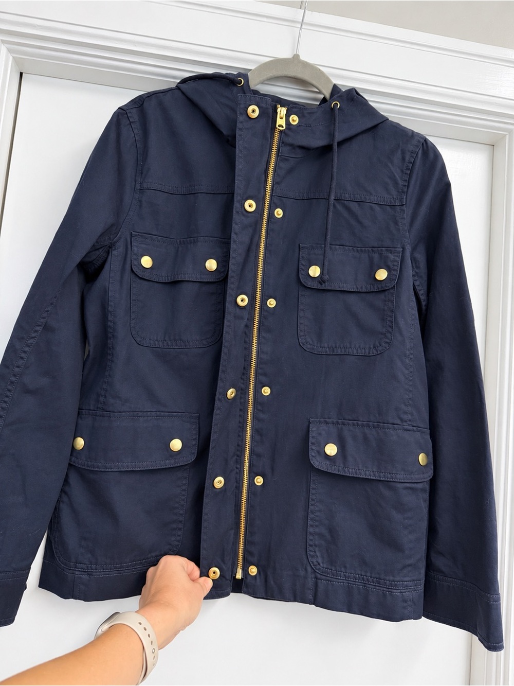 J.Crew Factory Navy Resin-Coated Twill Hooded Field Jacket Medium